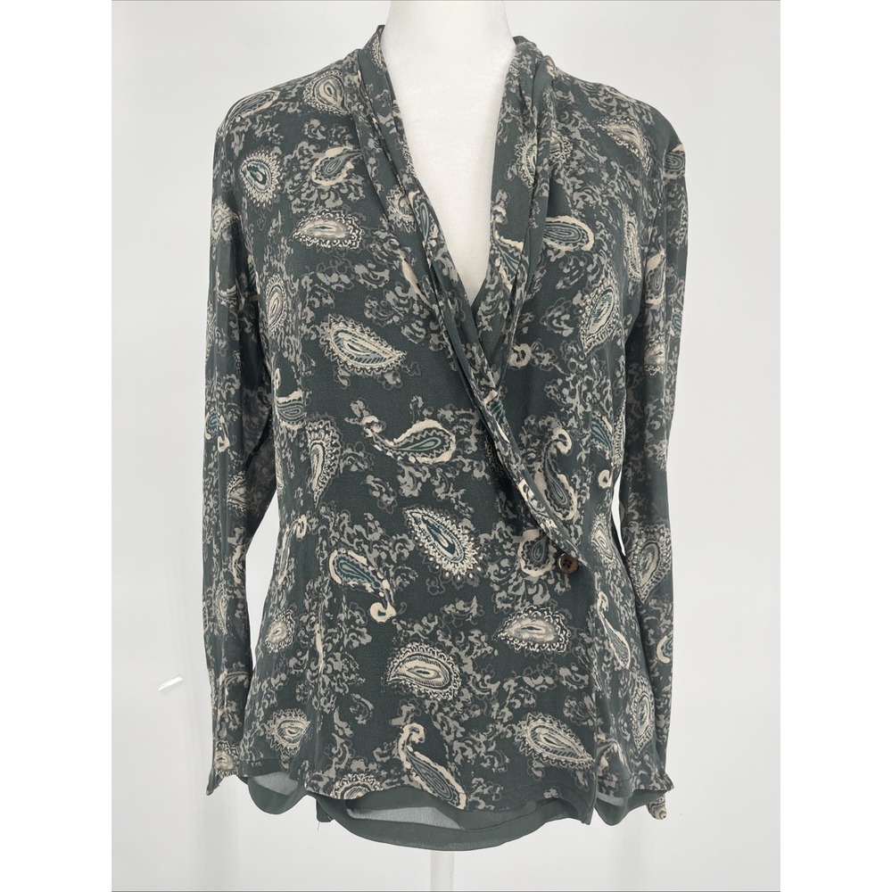 Dana Tuchman Women's Blouse 100% Silk Green Paisley Wrap Luxury Office Size 8